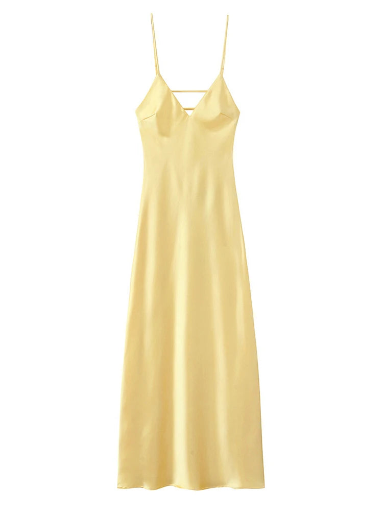 Robe Longue Jaune Satin Dos Nu Élégante