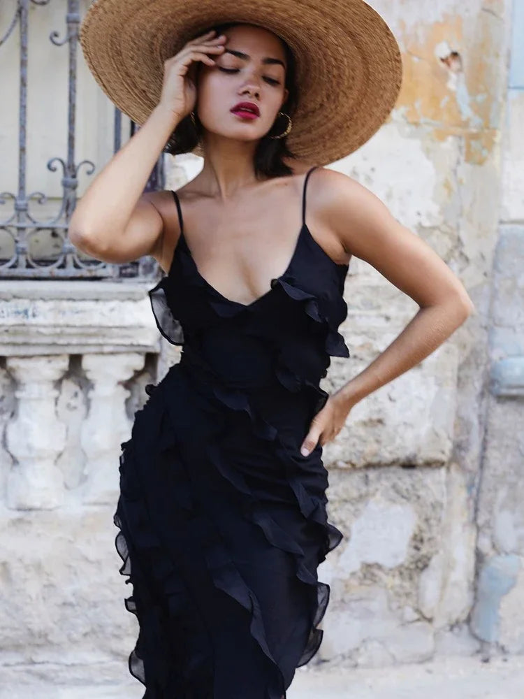 Robe Longue Été 2024 Mousseline Sexy Bretelles Style Vacances Élégante