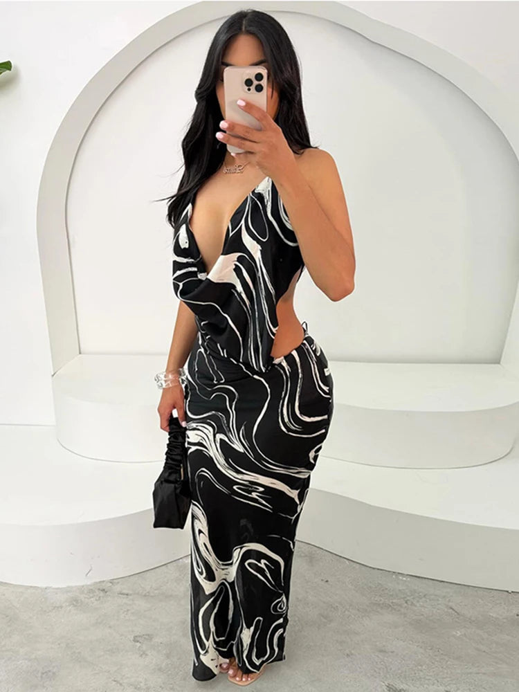 Robe Femme Colorée Y2K Imprimé Tropical - Col Swing Dos Nu Fendue