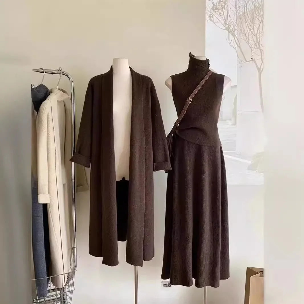 Ensemble 3 Pièces - Pull Long, Robe Tricot & Cardigan