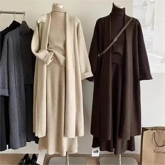 Ensemble 3 Pièces - Pull Long, Robe Tricot & Cardigan