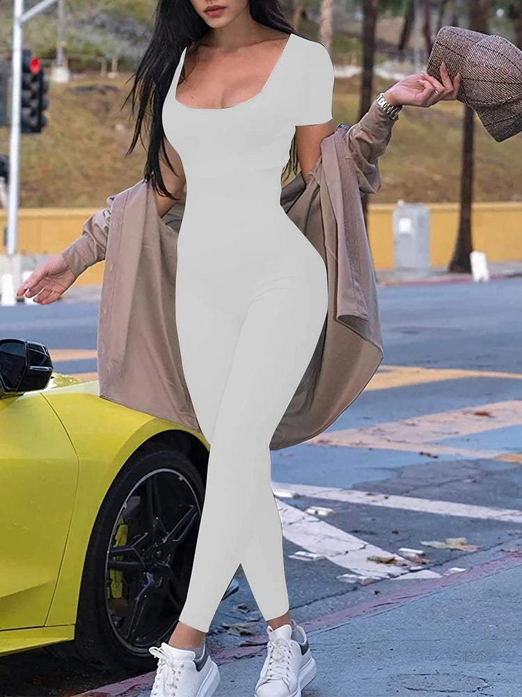 Combinaison Moulante Femme - Manches Courtes Bodycon Noire