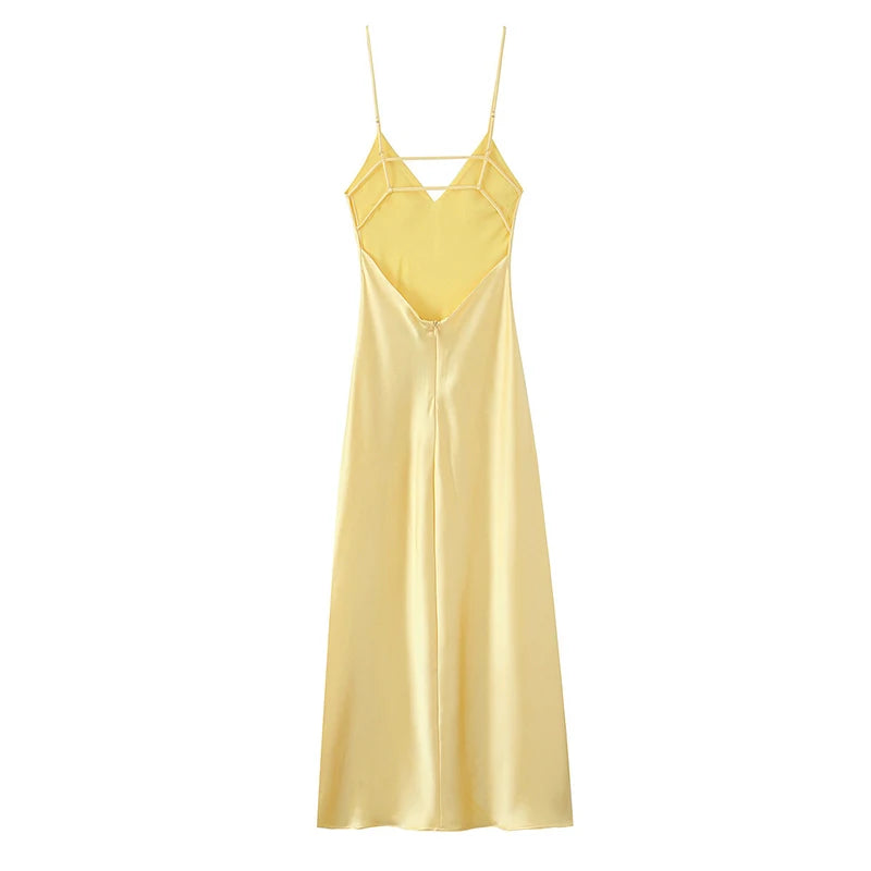 Robe Longue Jaune Satin Dos Nu Élégante