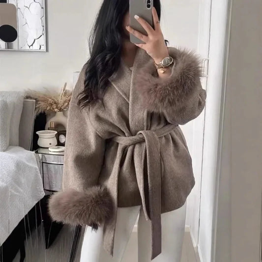 Manteau Chic à Revers en Peluche avec Ceinture