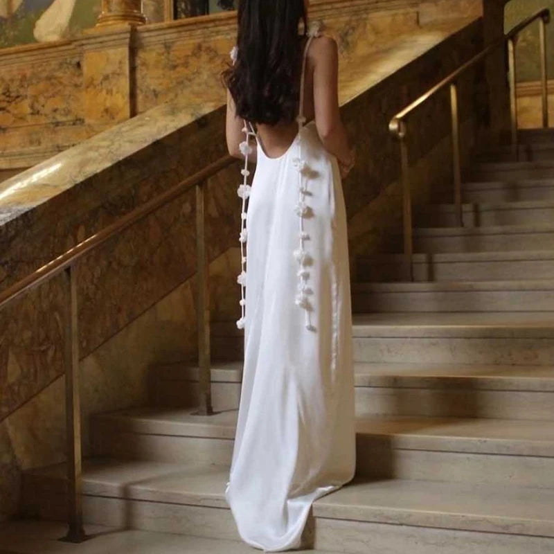 Robe Longue Blanche Satin Romance Floral